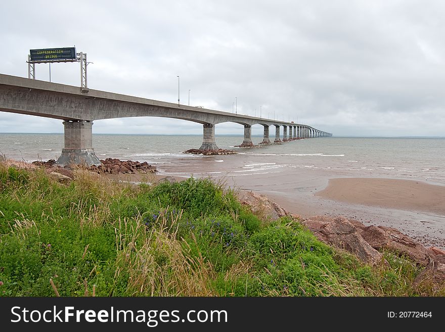 Confederation bridge linking Prince Edward Island to New Brunswick; 8 miles long; photographed from the New Brunswick side