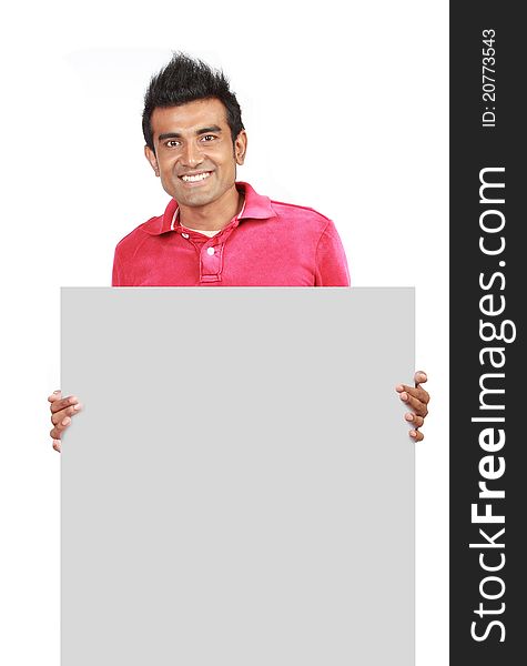 Man Standing By White Blank Card