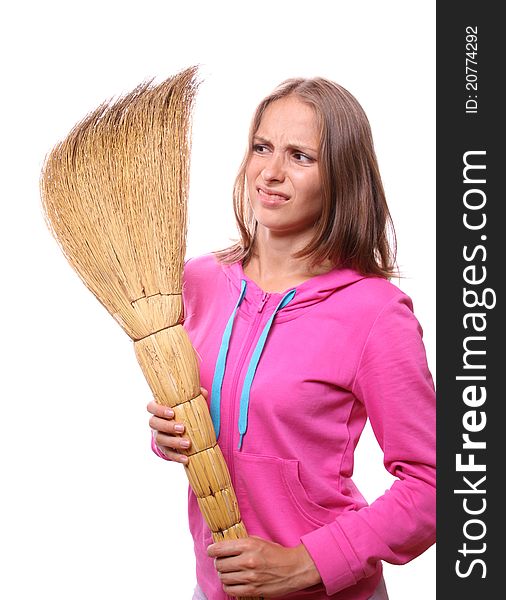 Woman with broom, isolated on white