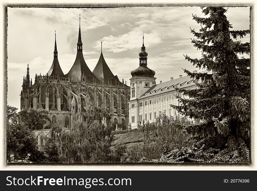 View of Kutna Hora with Saint Barbara Church that is a UNESCO world heritage site, Czech Republic. Retro postcard b&w sepia style.
