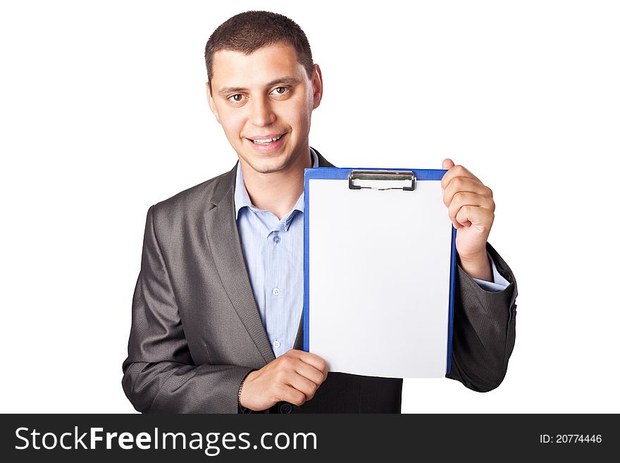 Smiling Young Businessman Holding Clipboard