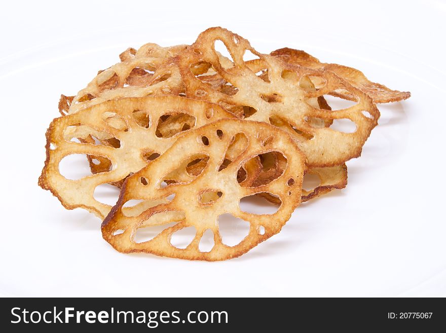 Deep fried lotus root commonly used in Thai food cooking