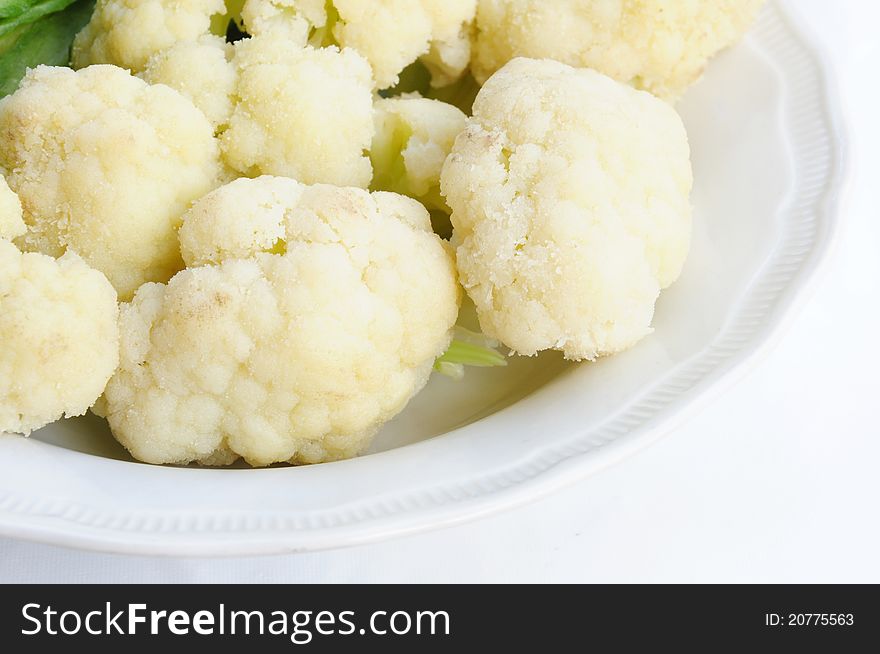 Cauliflower Boil On Dish Ready To Eat On White Bac