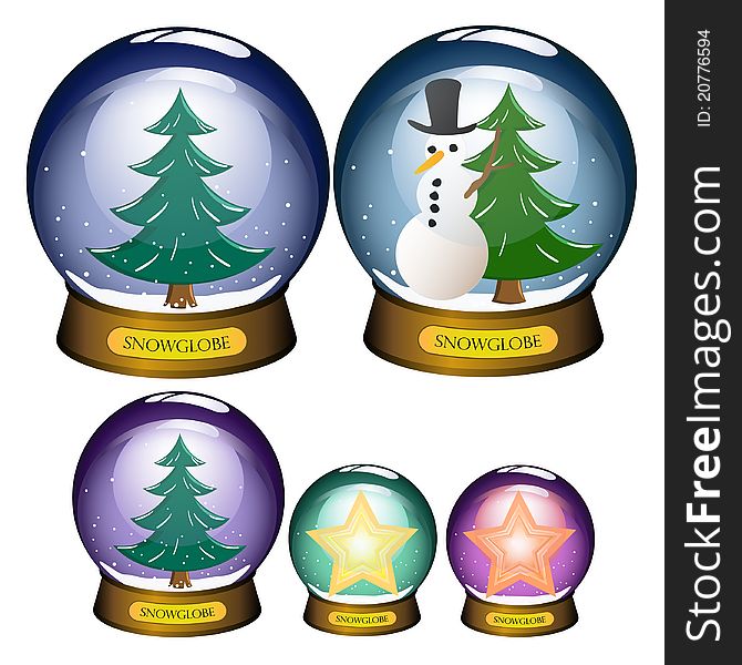 Snowglobes with snowman, christmas tree, stars. Snowglobes with snowman, christmas tree, stars