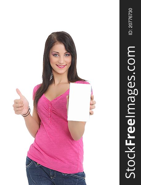 Young girl advertising a product with thumbs up. Young girl advertising a product with thumbs up