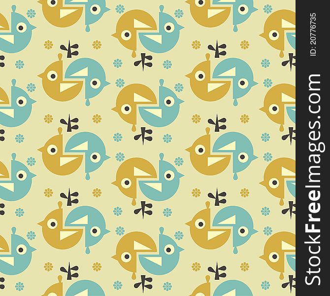 Seamless cute retro birds colorful background illustration. Seamless cute retro birds colorful background illustration