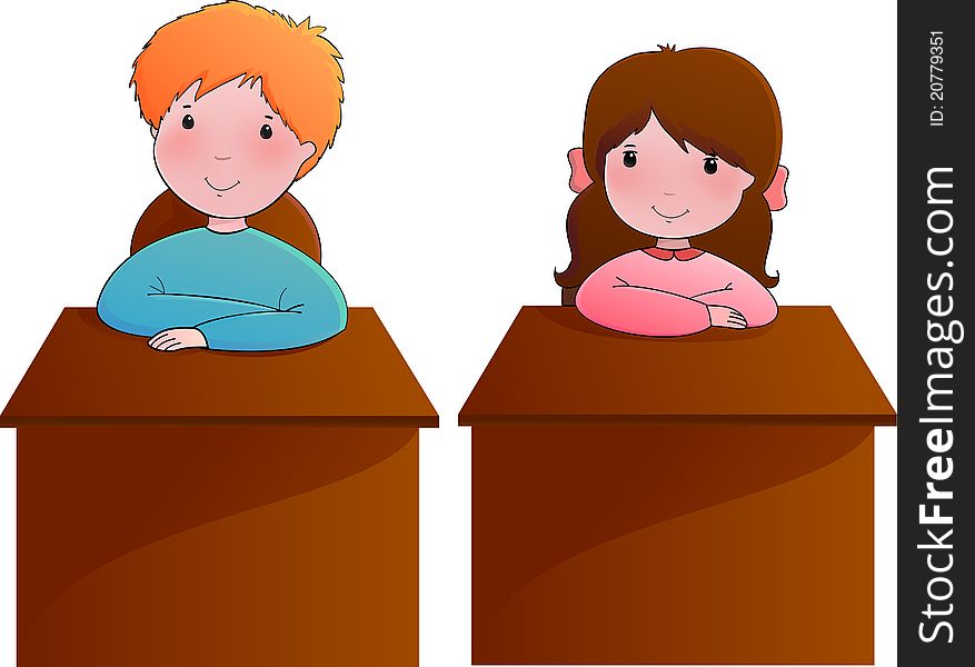 Cute vector illustration with boy and girl sitting at the school desk. Cute vector illustration with boy and girl sitting at the school desk