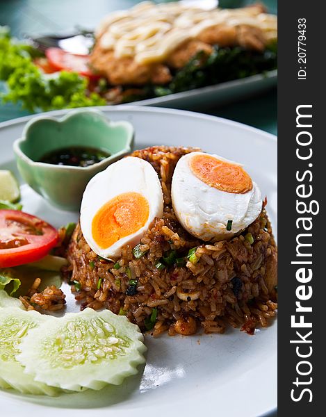 Fried rice with chili dip, pork and salt egg