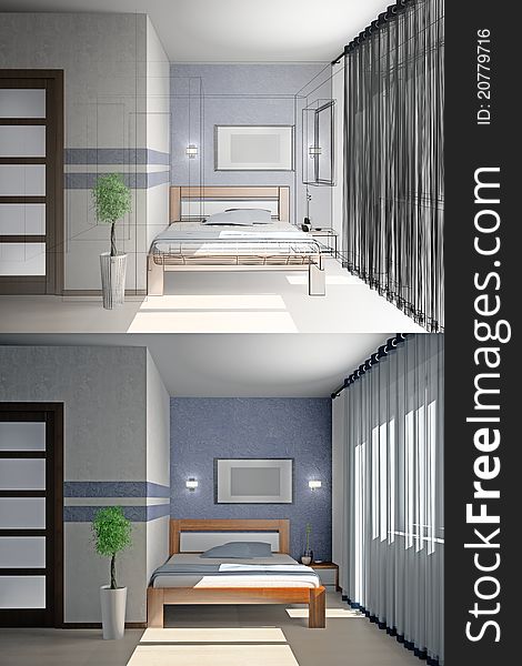 Modern interior of a bedroom room 3D