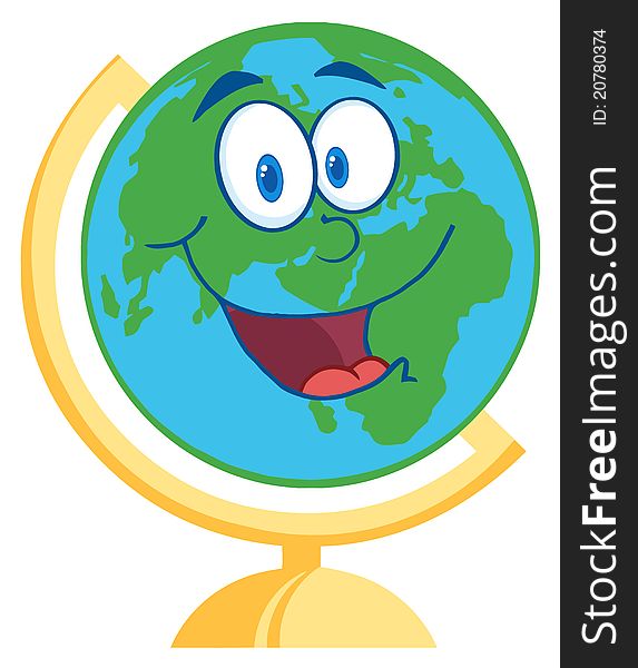 Happy desk globe cartoon mascot character