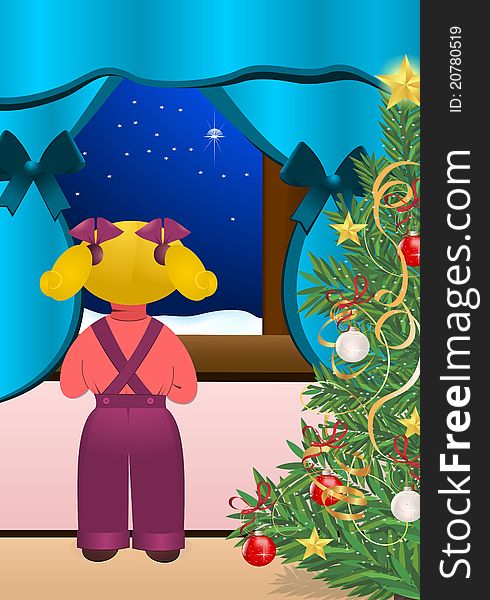 Little girl looking on the window and waiting for Santa, vector format. Little girl looking on the window and waiting for Santa, vector format