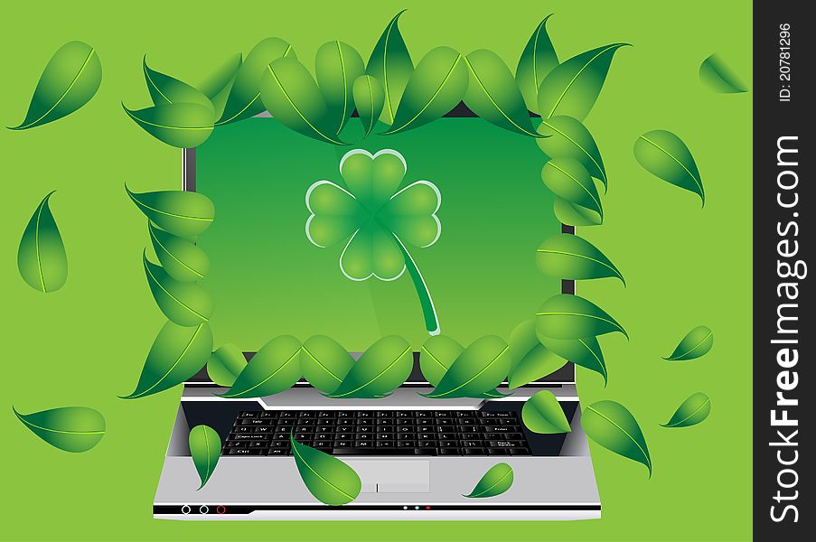 Modern laptop with leaf on green background. Modern laptop with leaf on green background