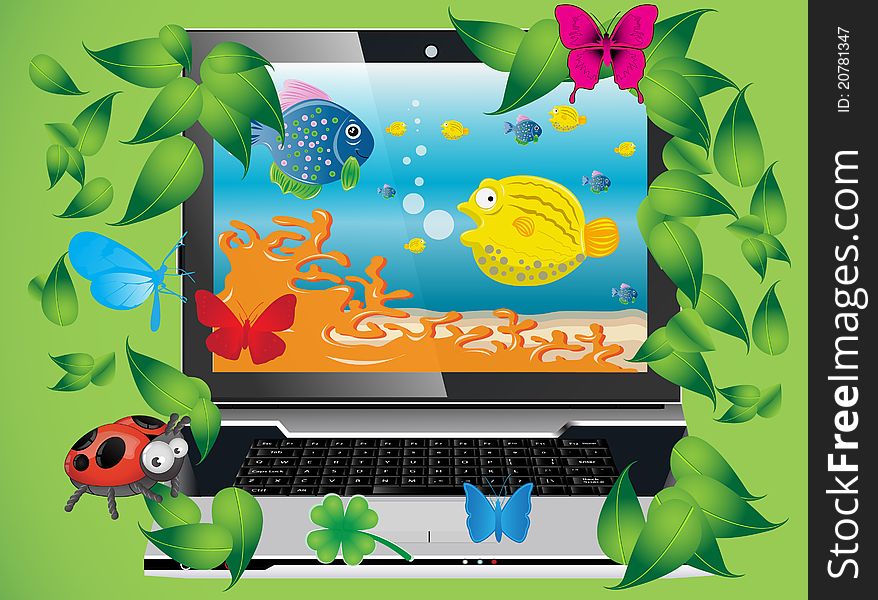Modern laptop with leaf, ladybug, fish and butterfly. Modern laptop with leaf, ladybug, fish and butterfly