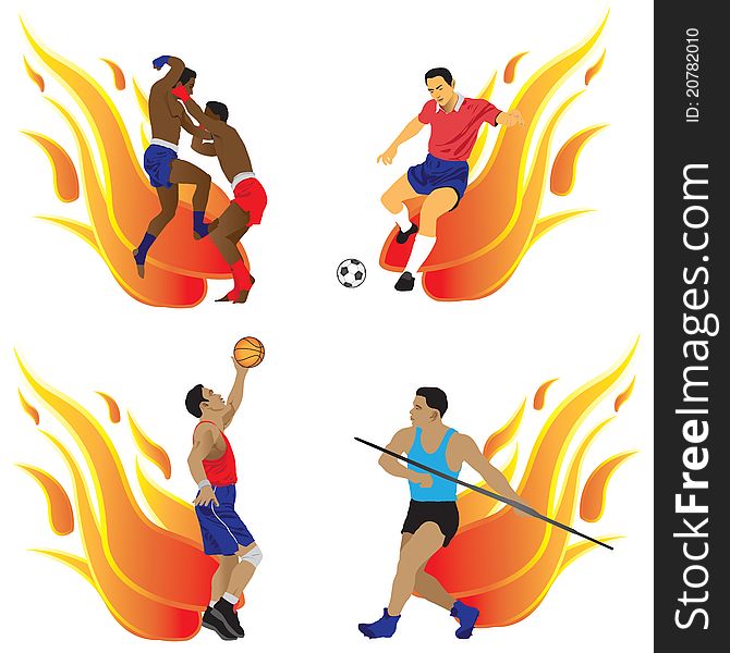 The four types of sports are football, basketball, Thai boxing, javelin on the background of flames.
