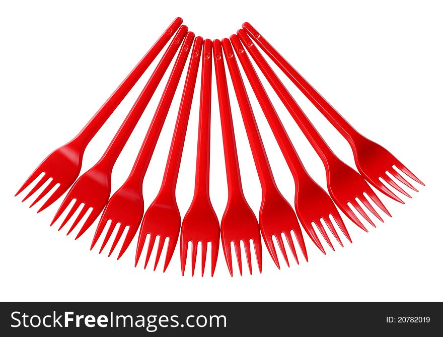 Color photo of a set of red forks