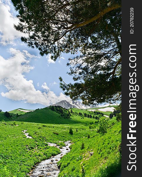 Summer landscape with green grass, mountains and river. Summer landscape with green grass, mountains and river.