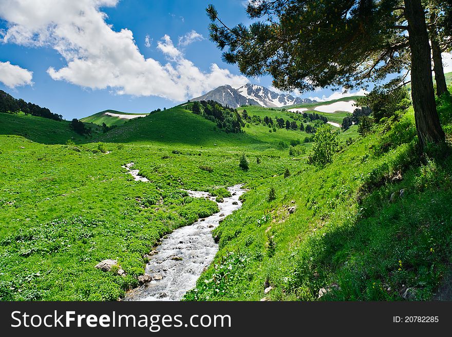 Summer landscape with green grass, mountains and river. Summer landscape with green grass, mountains and river.