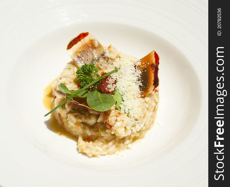 Risotto with lobster and rucola. Served with Parmesan Chip. Delicious Mediterranean dinner. Risotto with lobster and rucola. Served with Parmesan Chip. Delicious Mediterranean dinner.