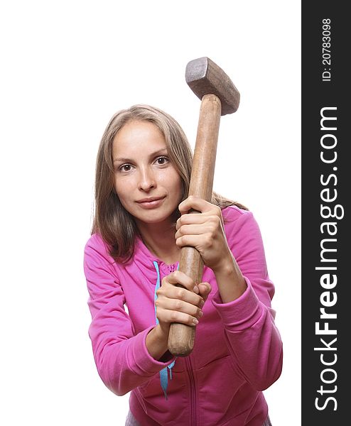 Woman with hammer, on white background