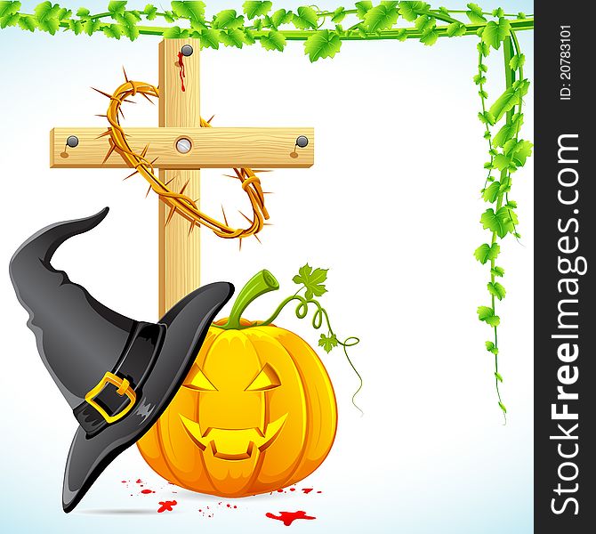 Illustration of witch hat with pumpkin and cross for halloween. Illustration of witch hat with pumpkin and cross for halloween