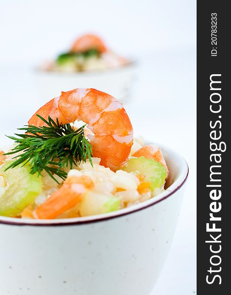 Shrimp salad with rice and celery and dill