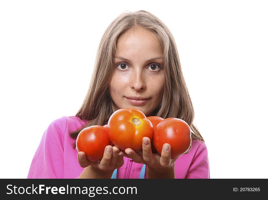 Woman with tomatoes, on white background