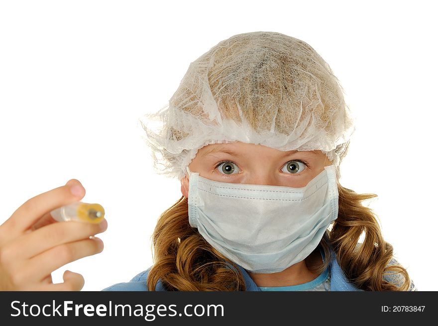 Young doctor with injectionon on a white background