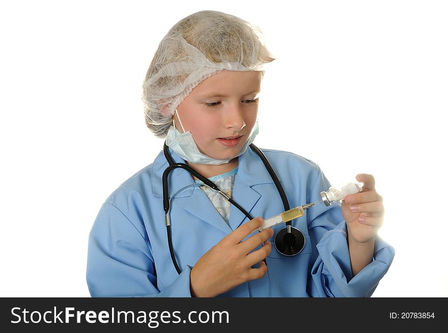 Young doctor  with injectionon, isolated on a white background