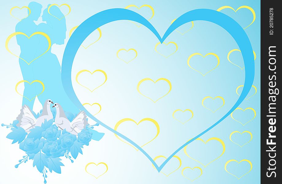 The groom, the bride and two white doves. Abstract heart on a blue background. The groom, the bride and two white doves. Abstract heart on a blue background.