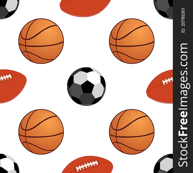 Seamless background with the image of sports balls for basketball and football. The illustration on white background.