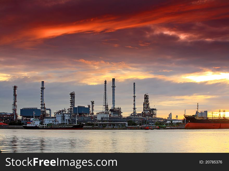 Oil refinery at twilight, Chao Phraya river, Thailand. Oil refinery at twilight, Chao Phraya river, Thailand