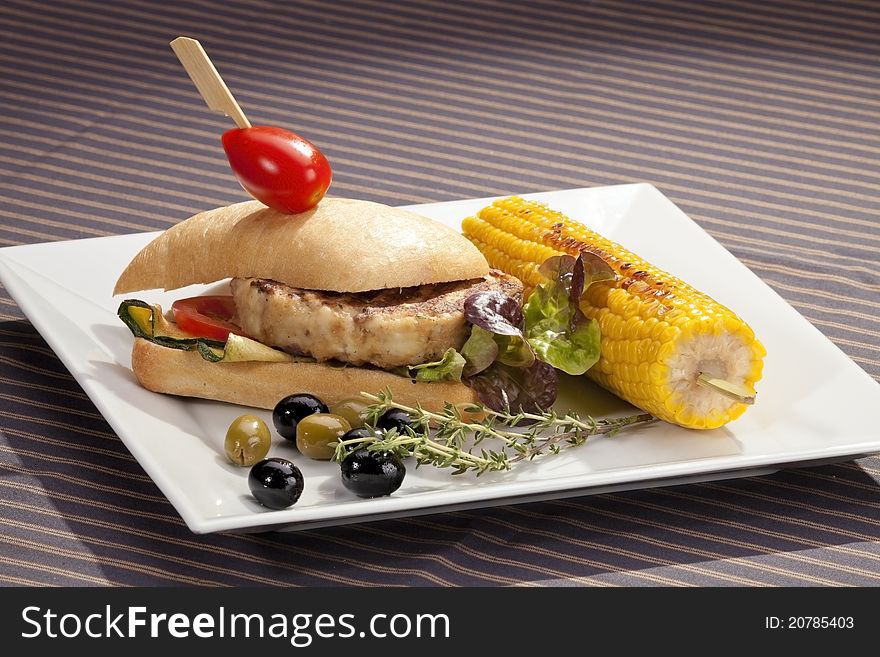 Sandwich w meat grilled corn and aubergine