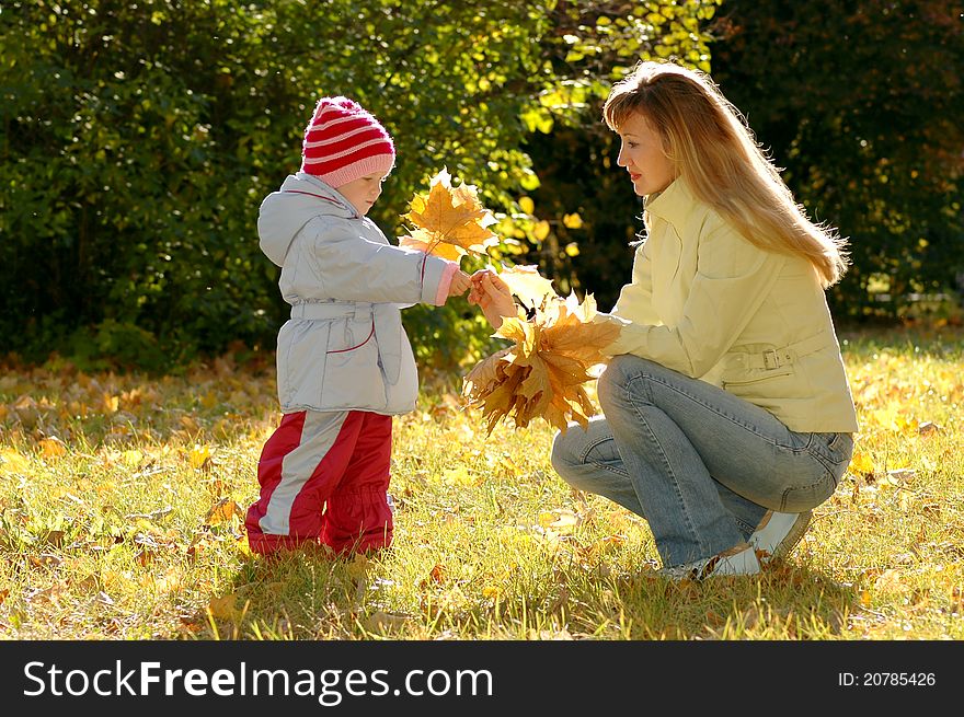 Young women and child collect autumn sheets in park. Young women and child collect autumn sheets in park