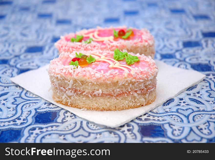 Two tasty beautiful cakes in cafe