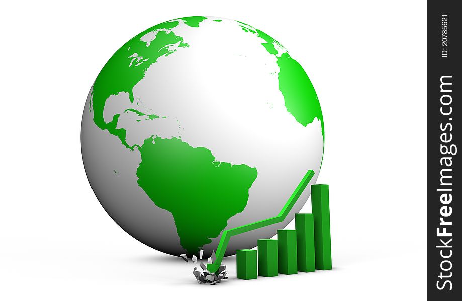 Render of a crashing bar graph and the world behind it. Render of a crashing bar graph and the world behind it