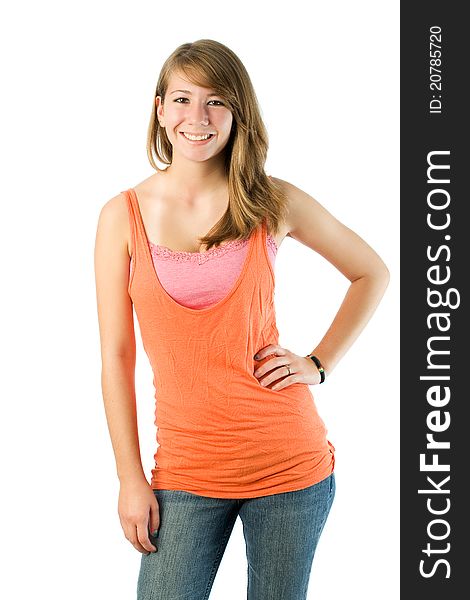 Seventeen year old girl poses wearing tank top with jeans. Seventeen year old girl poses wearing tank top with jeans.