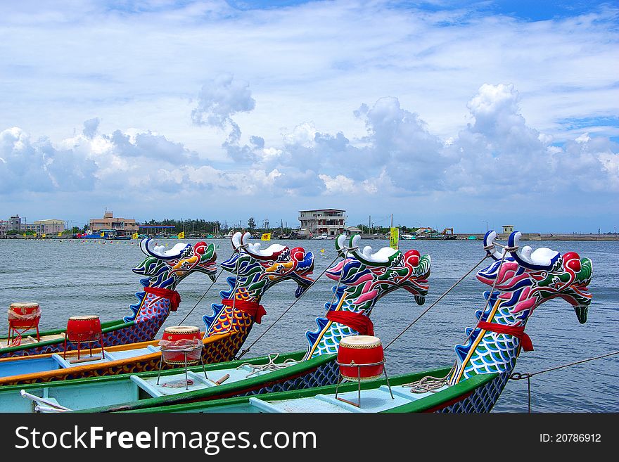 Arranged Dragon boats by the Port