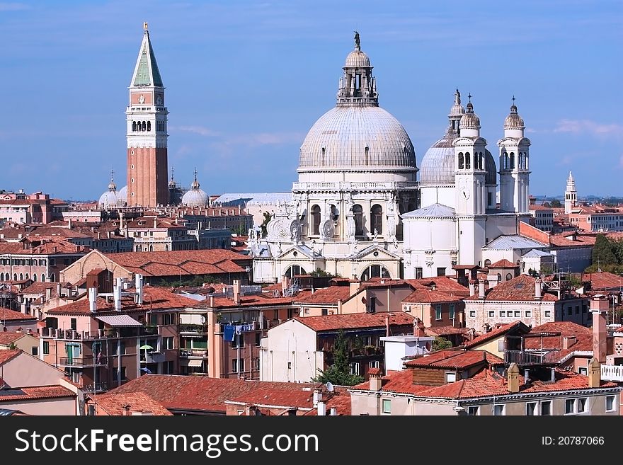 Orange roofs of Venice and cupola's of churches and bell towers. Orange roofs of Venice and cupola's of churches and bell towers