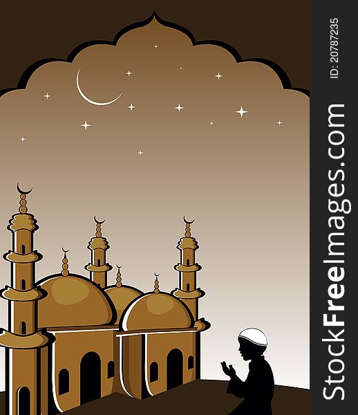 Night background with mosque, man praying. Night background with mosque, man praying