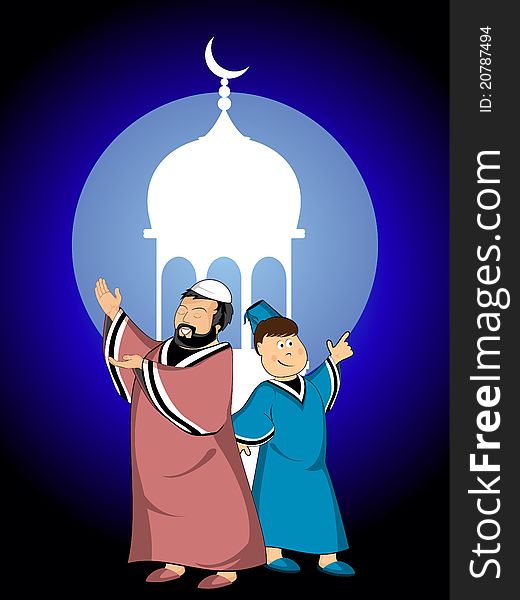 Mosque background with happy people indicating moon. Mosque background with happy people indicating moon