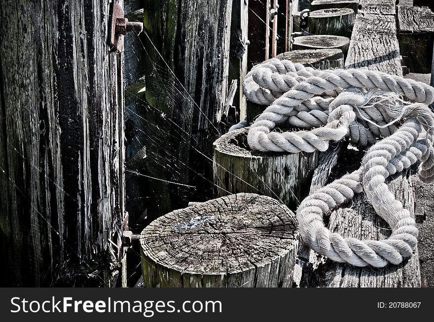 White rope laying in harbor environment. White rope laying in harbor environment