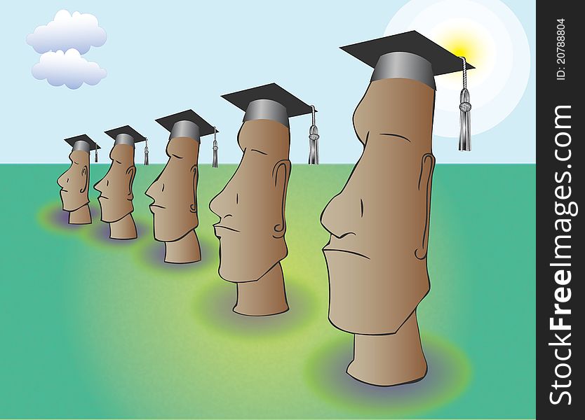 A line of Easter Island Moai face the future at their commencement ceremony, appropriately garbed in cap (but no gown!). A line of Easter Island Moai face the future at their commencement ceremony, appropriately garbed in cap (but no gown!).