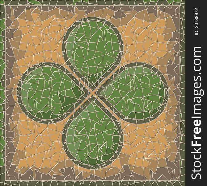 Cracked antique mosaic panel with clover. Cracked antique mosaic panel with clover