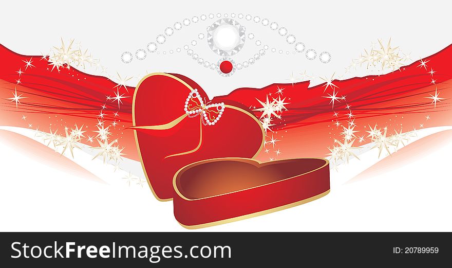 Holiday red box with shining strasses on the decorative background. Illustration