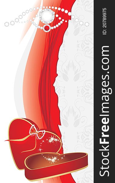 Red box with shining strasses on the decorative background. Holiday banner. Illustration. Red box with shining strasses on the decorative background. Holiday banner. Illustration