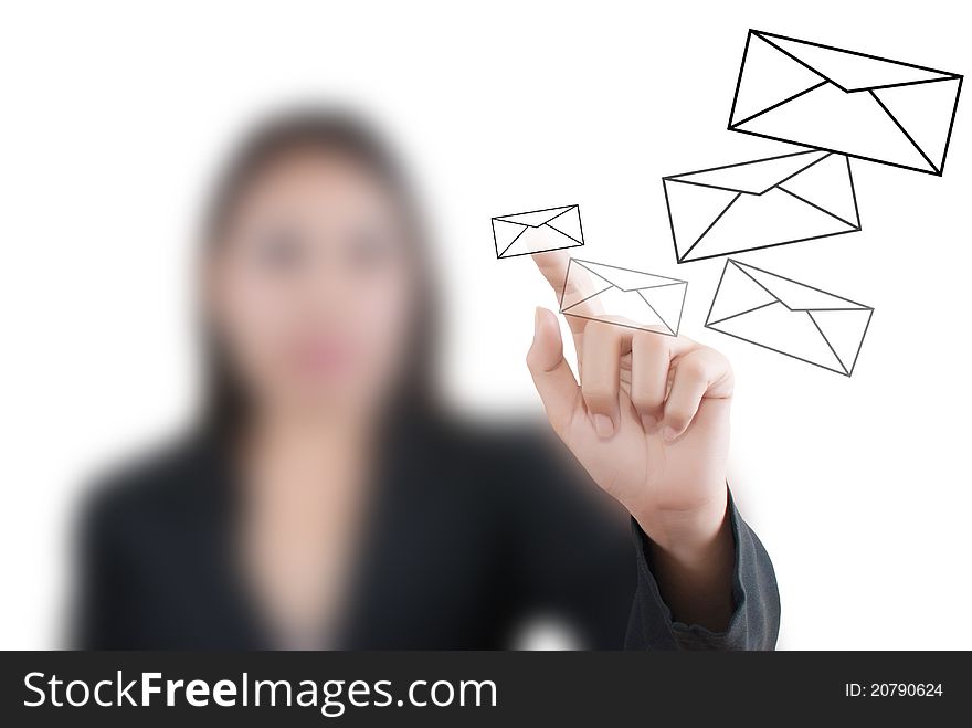 Business Woman Pushing Mail On Whiteboard.