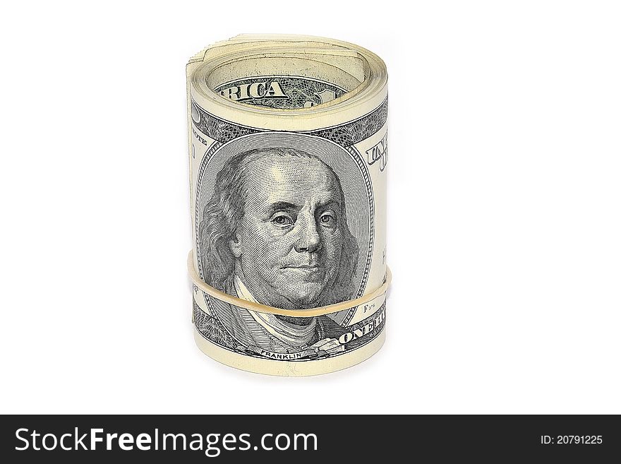 Roll of american dollars on a white background. Roll of american dollars on a white background