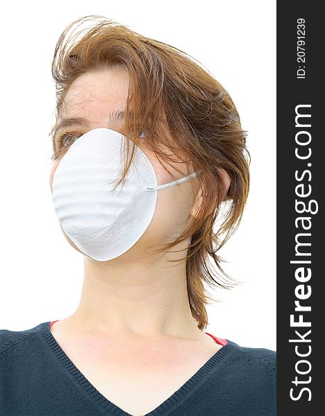 Woman wears protective mask against flu or pollution. Woman wears protective mask against flu or pollution