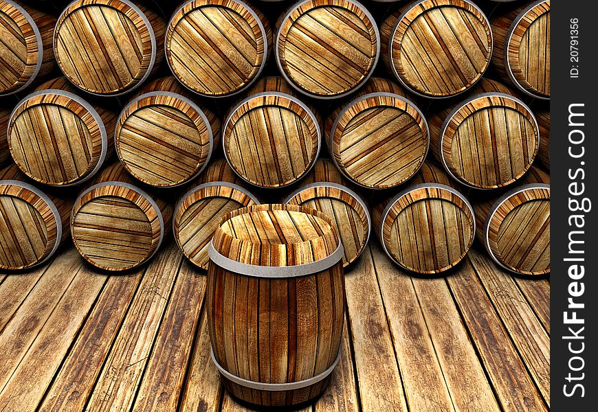 Wall of wooden barrels background