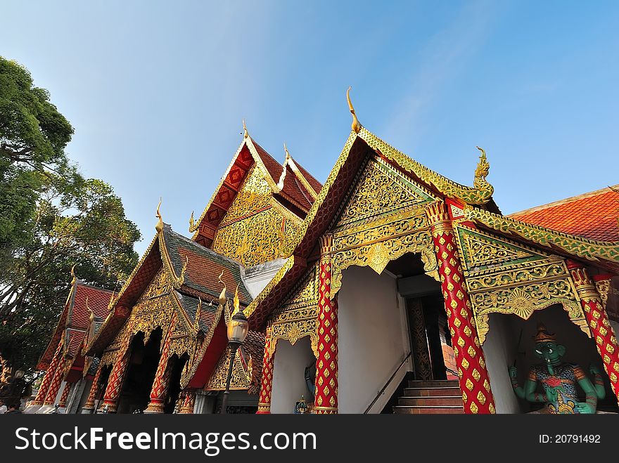 Unique temple architecture commonly found in Thailand and Southeast Asia.